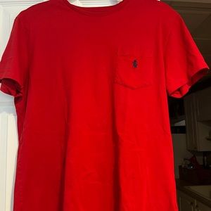 Red Polo t shirt with blue logo